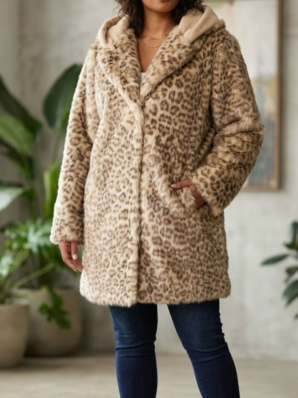 Pamela McCoy Leopard-Print Teddy Coat in Beige